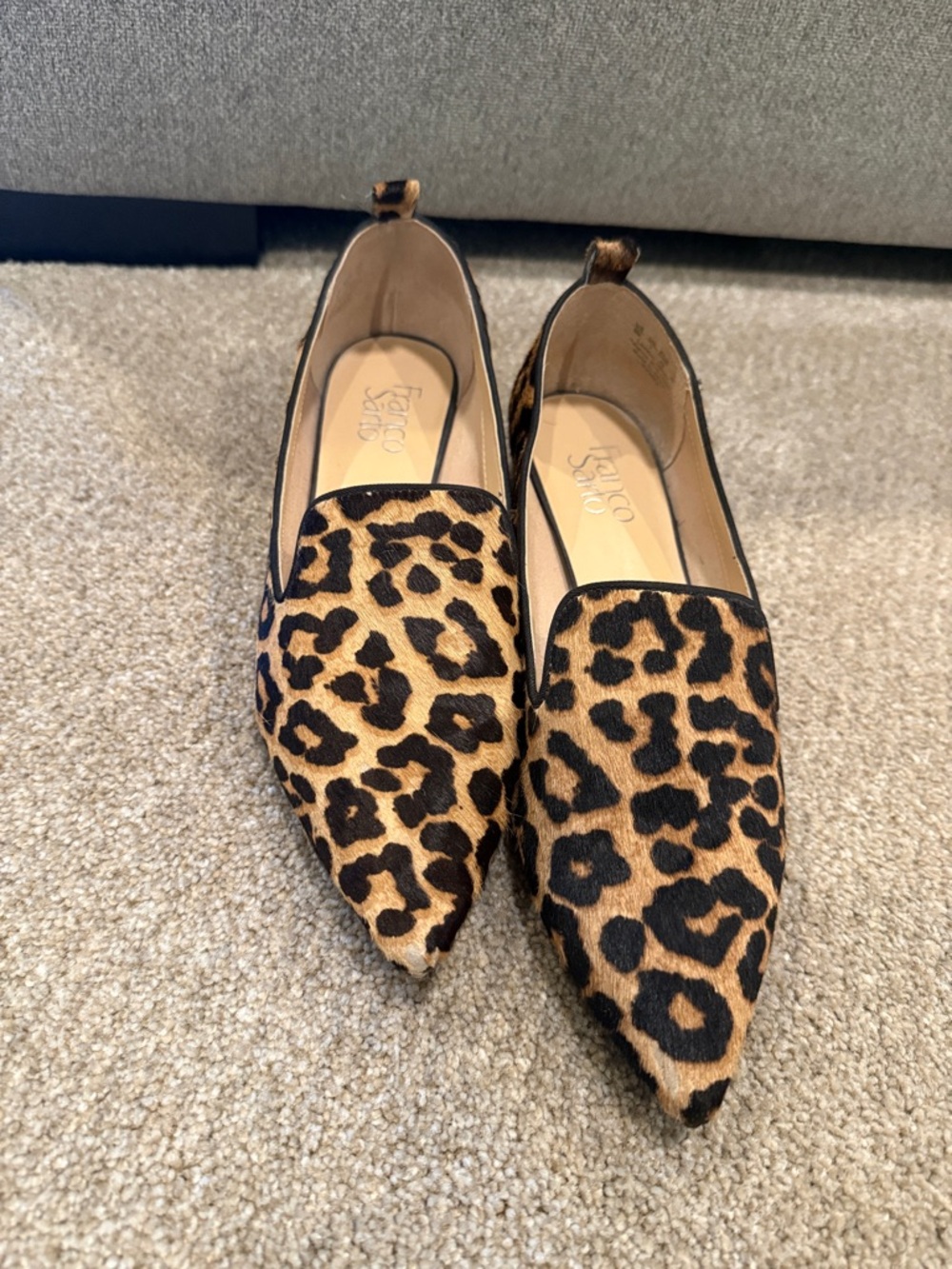 Franco Sarto Leopard-Print Pointed Slip-On Flats in Brown and Black